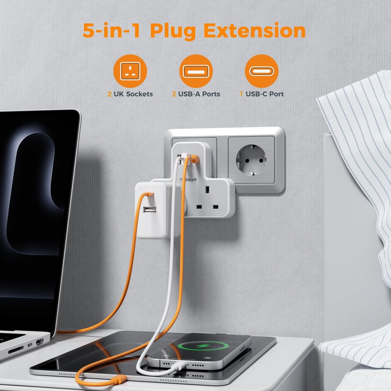TESSAN 2 Way UK to European Travel Plug Adapter with 3 USB Ports (1 USB C) - Image 2