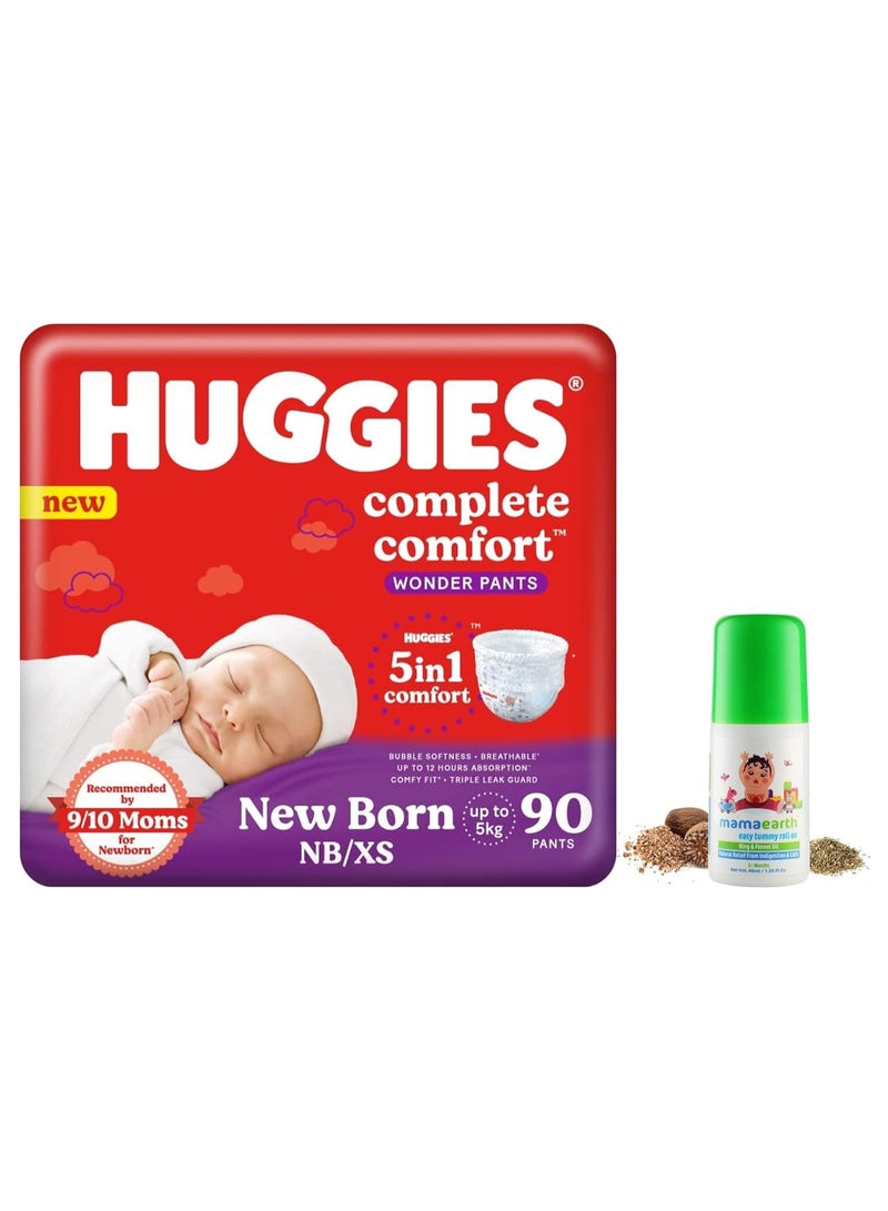 Huggies Complete Comfort Wonder Pants, Extra Small (XS) (90 count) with 5 in 1 Comfort & Mamaearth Easy Tummy Roll On Oil for Colic & Gas Relief with Hing & Fennel Oil, 40ml (For external use) - Image 1