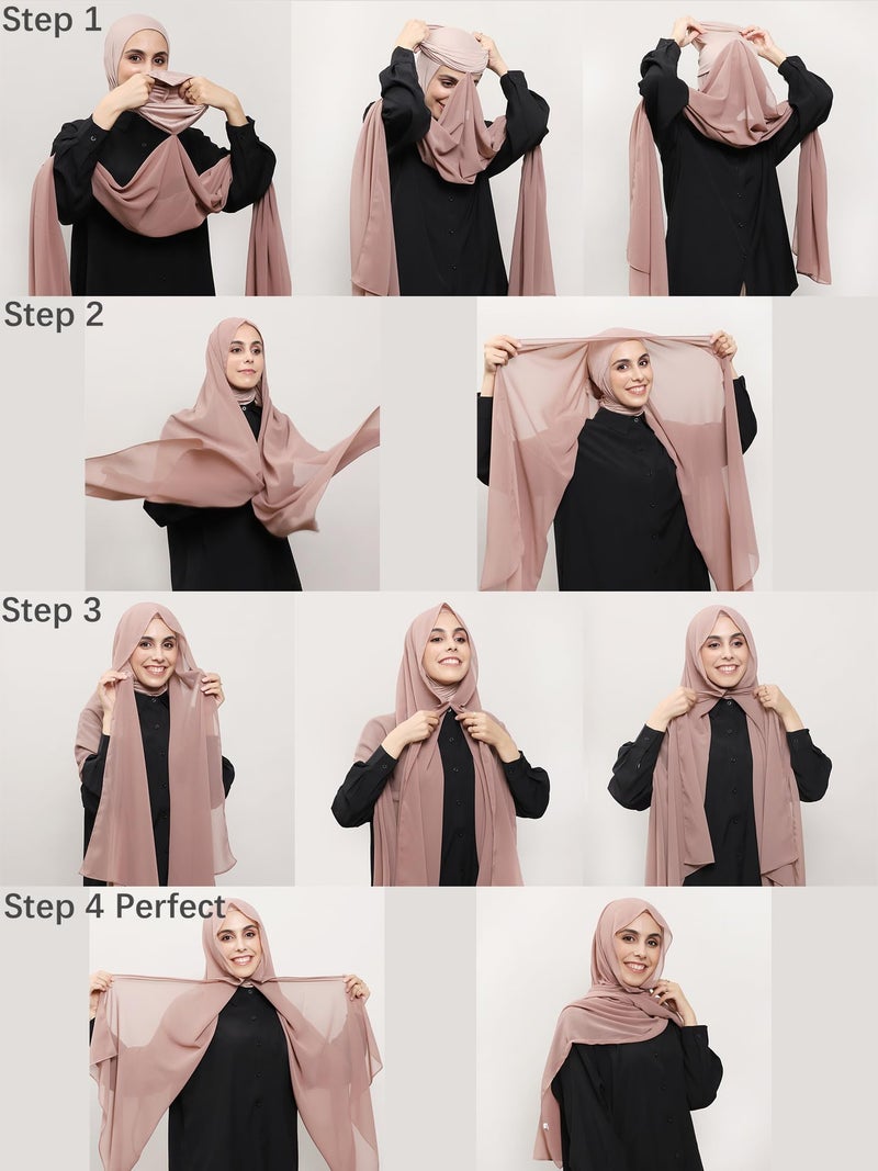 HURESON Instant Chiffon Hijab Set 3-in-1 Hijabs Scarf with Built-in Magnets and Undercap Head Wraps with Modal Cap (Coffee 2#) - Image 4
