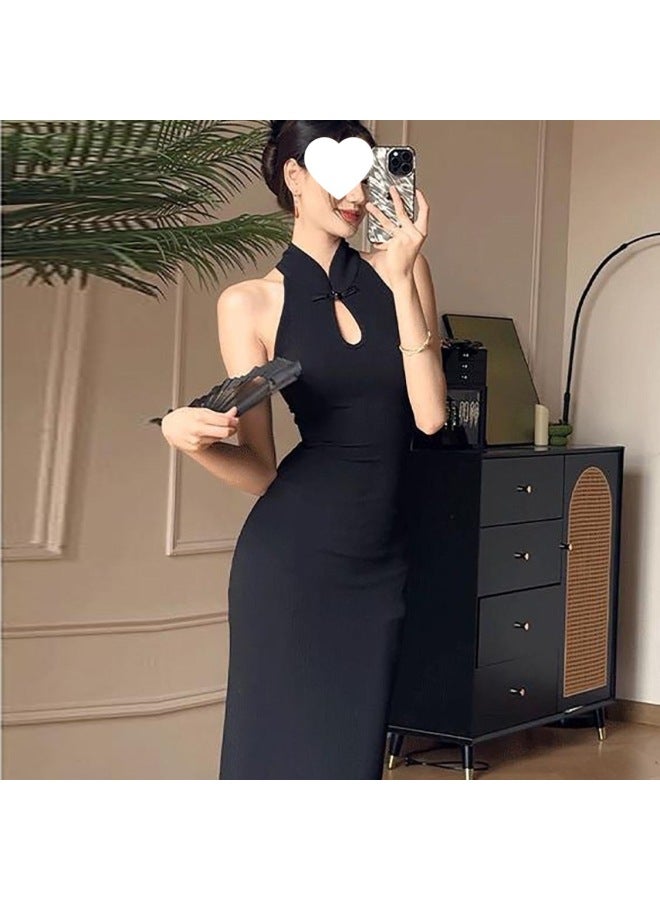 Chinese-style Dress Hip Bag Slim-fit Summer Long Dress Tight Waist Step Lotus Button Fishtail Commuter Skirt Black 