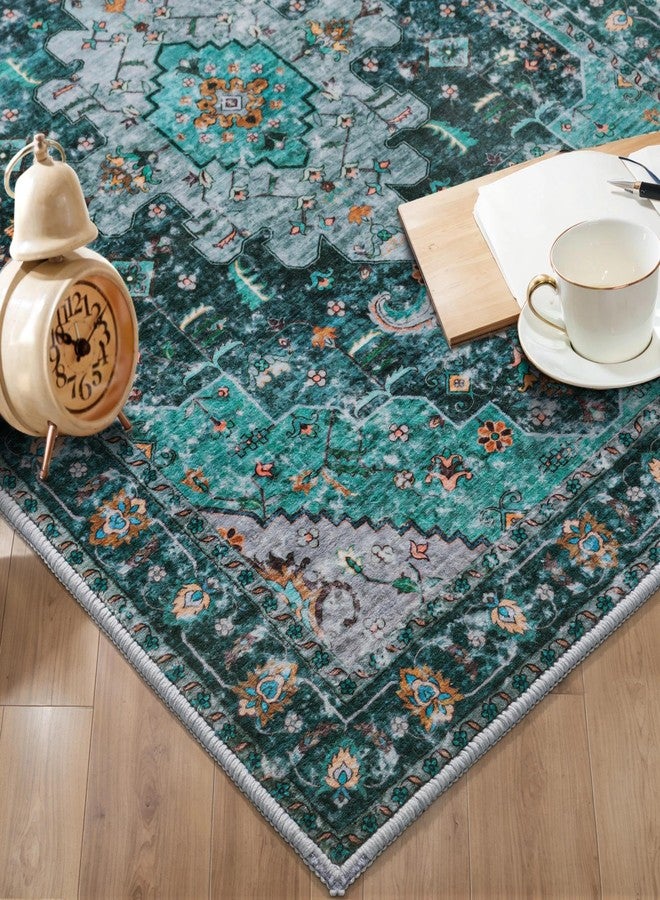 Ciicool Area Rug 5x7ft Washable Rugs for Living Room Non-Slip Indoor Rugs Large Low-Pile Mat Floor Carpet Vintage Rug for Bedroom Dinning Foyer Decor (Teal/Multi) - Image 5
