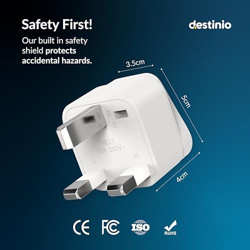 Destinio Type G Travel Adapter | UK Plug Adapter for India to UK, UAE, Singapore & More | Universal Socket, 13A 250V 2500W| International Travel Plug Adapter | CE & RoHS Certified (Pack of 2) - Image 3