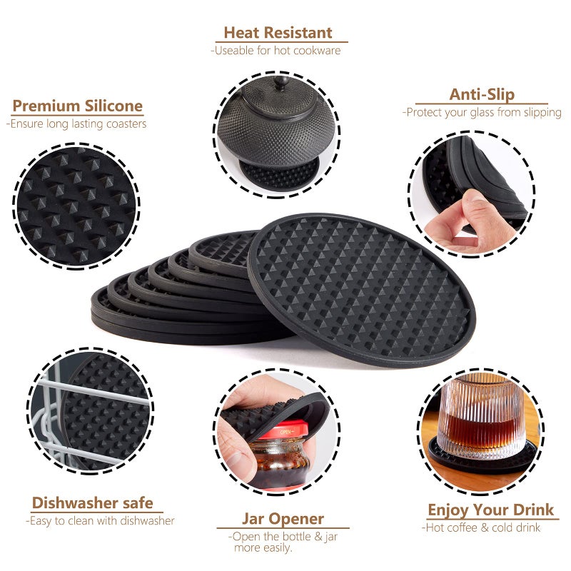Coga Drink Coasters Set of 8 - Silicone Coasters Tabletop Protection for Any Table Type  Wood  Glass  Stone Tables  Dishwasher Safe  Coasters for Drinks Fits Any Size of Drinking Glasses (Black) - Image 3