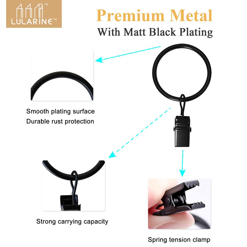 LULARINE 42 Pack Curtain Rings with Clips 1.26" Interior Diameter,Metal Drapery Ring with Clips Compatible with up to 1 inch Drapery Rod,Strong Vintage Decorative Rustproof Drapery Ring with Hooks(Black) - Image 3