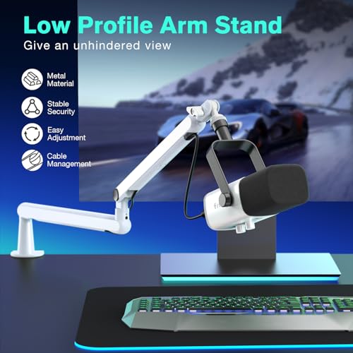 FIFINE حامل ميكروفون FIFINE بوم آرم، حامل ميكروفون منخفض الارتفاع، حامل ميكروفون بودكاست مع تثبيت على المكتب، إدارة قنوات الكابلات، ذراع بوم معدني أبيض للتسجيل/البث/الألعاب/المكتب المنزلي-BM88W - Image 2