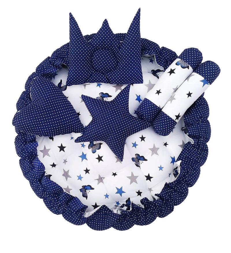 LOREM Blue 5 Pillows Round Shape Cotton Baby Bed for 01 Year BB02CMC - Image 1