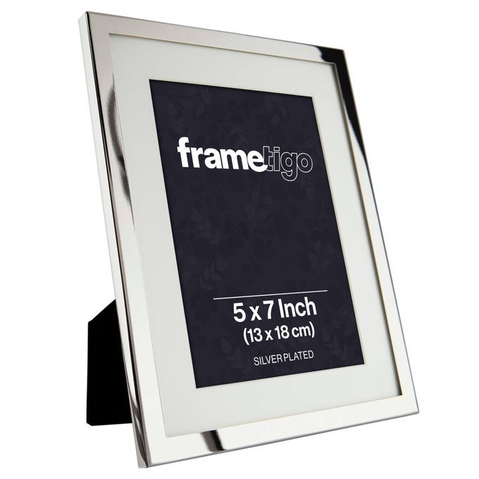 Silver Plated White Mount Photo Frame 5x7 13x18cm Photo Size Velvet Frame Backing Stand Real Glass Window Tarnish Resistant Landscape or Portrait Orientation