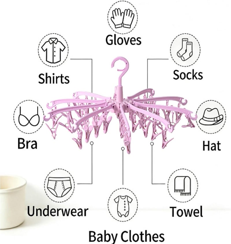BONYCUST Foldable Drying Rack with 40 Clips for Drying Socks Lingerie Baby Clothes Drying Towels Rotatable Sock Drying Rack（Pink） - Image 2