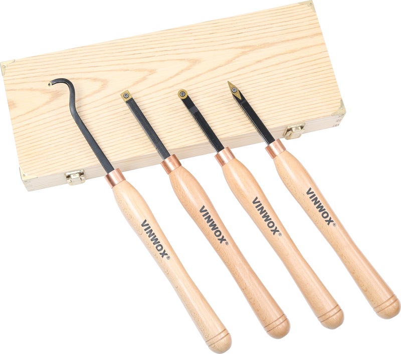 VINWOX 13.5" 4 PCS Carbide Wood Lathe Turning Tool Set, Pen Turning tool, Including Swan Neck Hollower, Rougher, Finisher, Detailer, Titanium Coated Carbide Blades 2X Service Life, Beech Wood Handle - Image 1