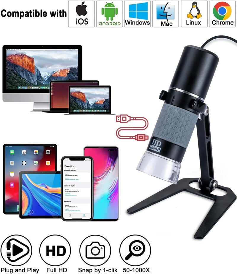 Jiusion 1080p USB Digital Handheld Microscope, 50 to 1000X Magnification Endoscope Full HD 1920 x 1080P Camera 8 LEDs with Metal Stand for iPhone iPad Android Mac Windows Linux Chrome - Image 3