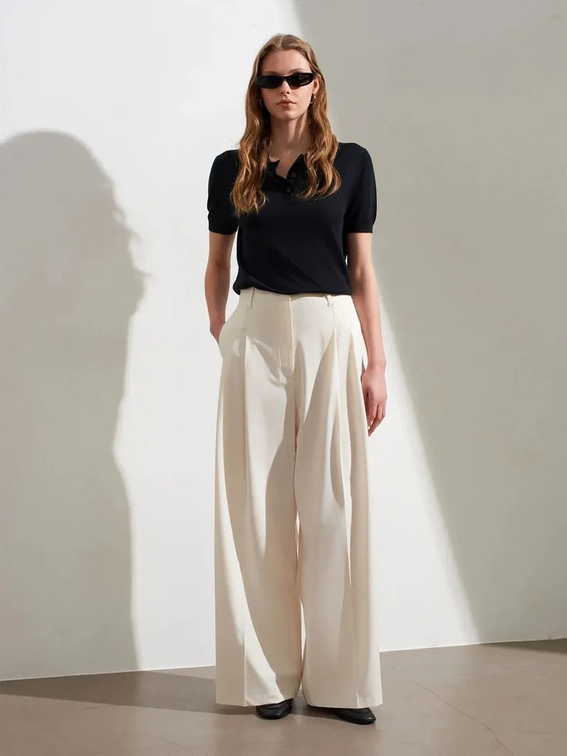 ديلفين DILVIN Women's High-Waist Wide-Leg Crepe Trousers