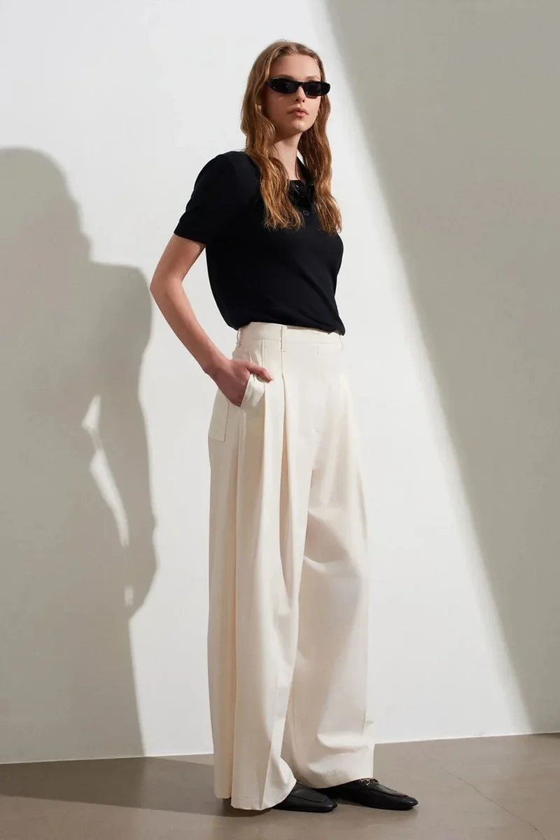 Dilvin Cream Natural DILVIN Women's High-Waist Wide-Leg Crepe Trousers for Women | Best Price UAE