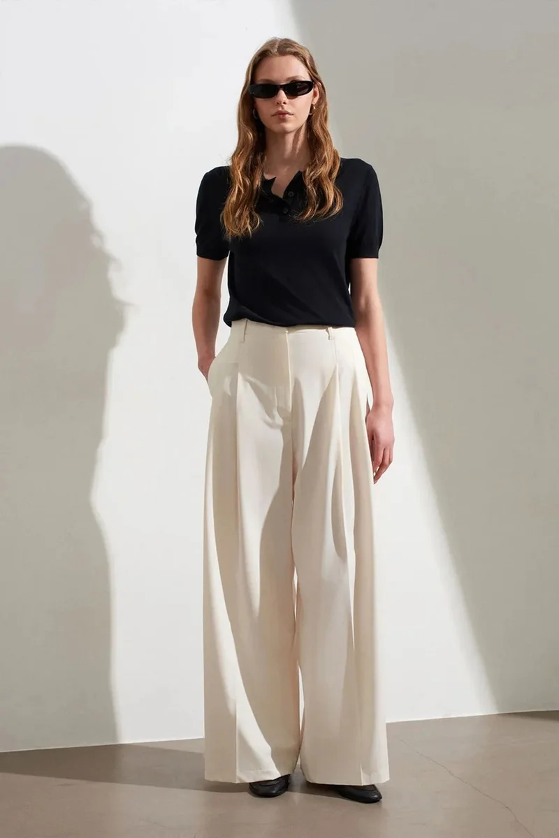 ديلفين DILVIN Women's High-Waist Wide-Leg Crepe Trousers