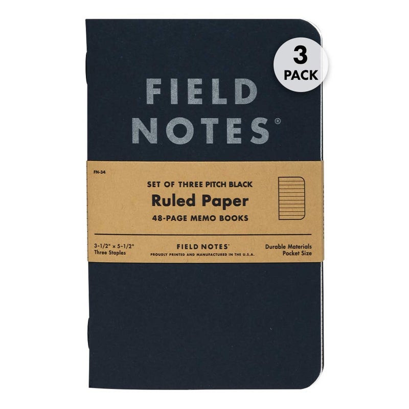 Field Notes 3-Pack Pitch Black Memo Books (3.5" X 5.5"), Ruled, 48 Pages | Thin Pocket Sized EDC Notebook With 90 GSM Paper & Paperback Cover | Work Notebooks For Note Taking | Made in the USA - Image 1