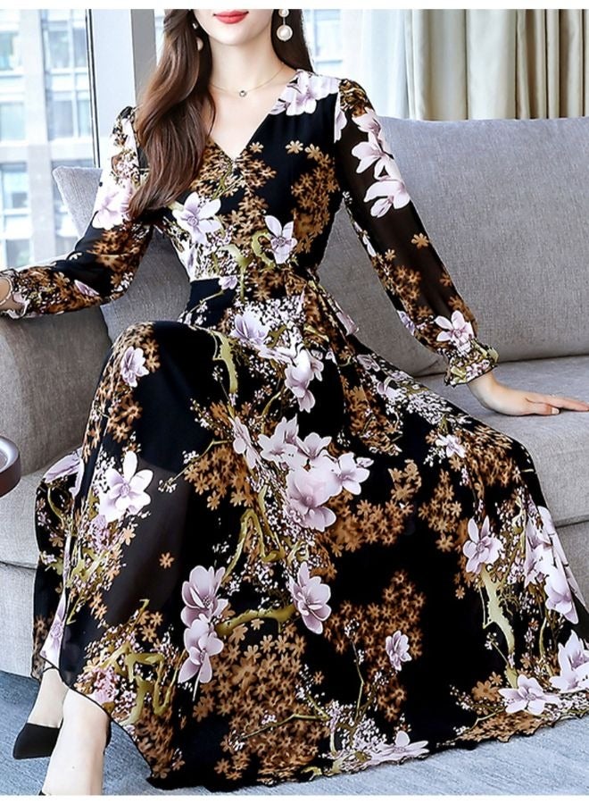 KASTWAVE Women Long Sleeves Dress Trendy Flower Printing V Neck A-line Skirt Fit Pullover Casual Midi Skirt - Image 2