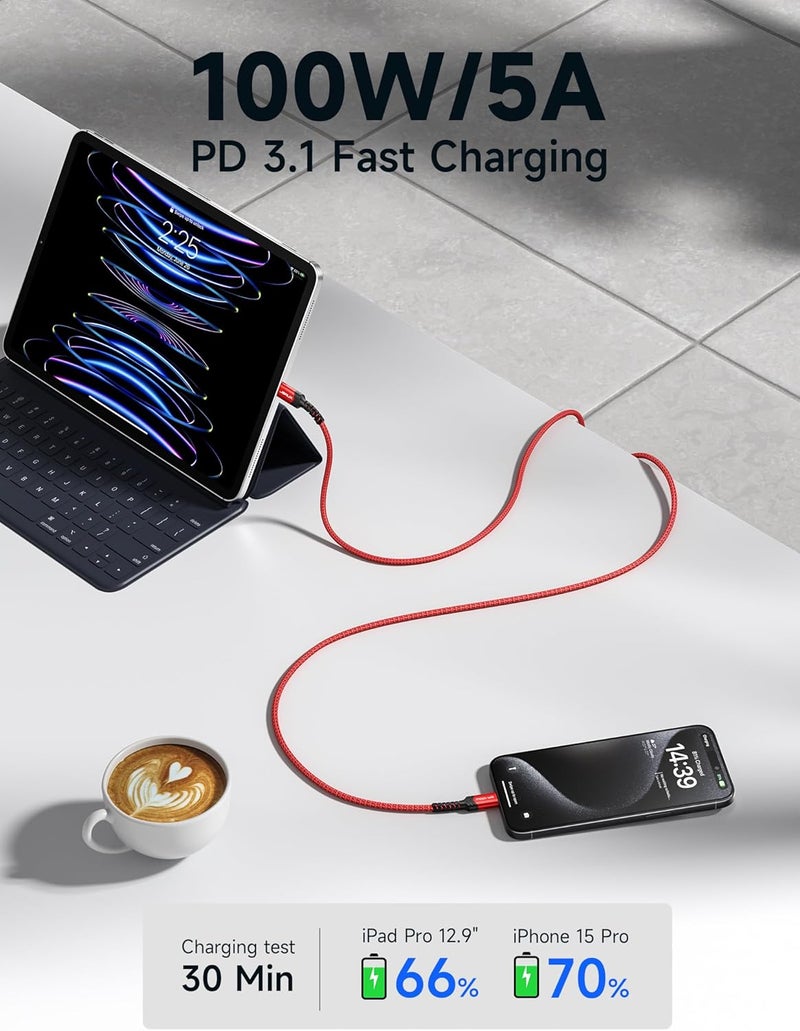 jsaux USB C to USB C Cable 100W, [2-Pack 2M] Type C Cable, USB C PD 5A Fast Charging Cord Compatible with iPhone Air/17/17e/16/15 Pro Max, Samsung Galaxy S24 S23, MacBook Pro/Air, iPad Pro, Pixel-Red - Image 3