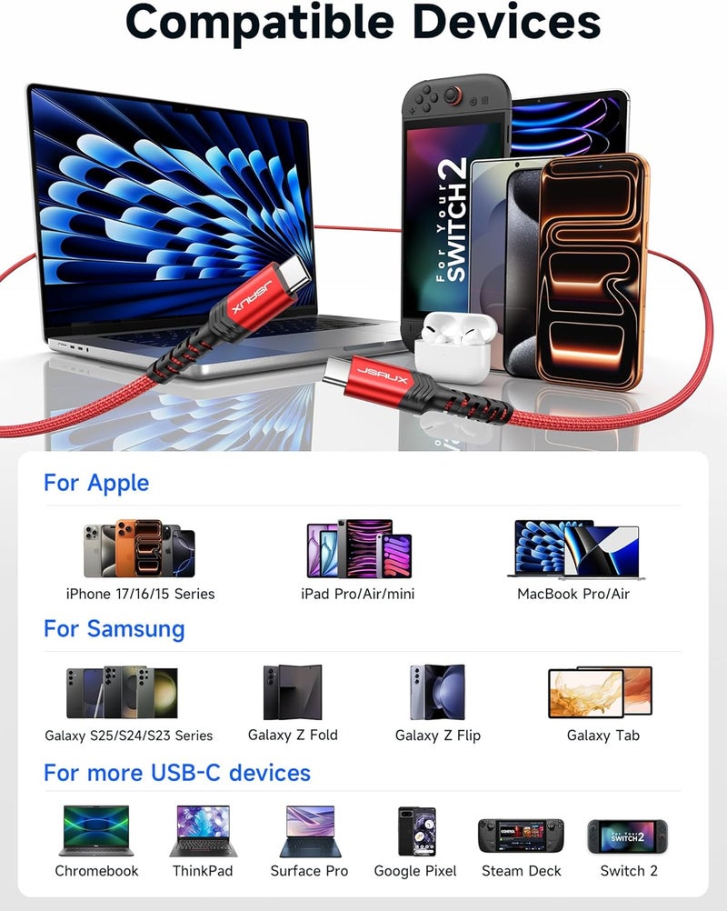 jsaux USB C to USB C Cable 100W, [2-Pack 2M] Type C Cable, USB C PD 5A Fast Charging Cord Compatible with iPhone Air/17/17e/16/15 Pro Max, Samsung Galaxy S24 S23, MacBook Pro/Air, iPad Pro, Pixel-Red - Image 5