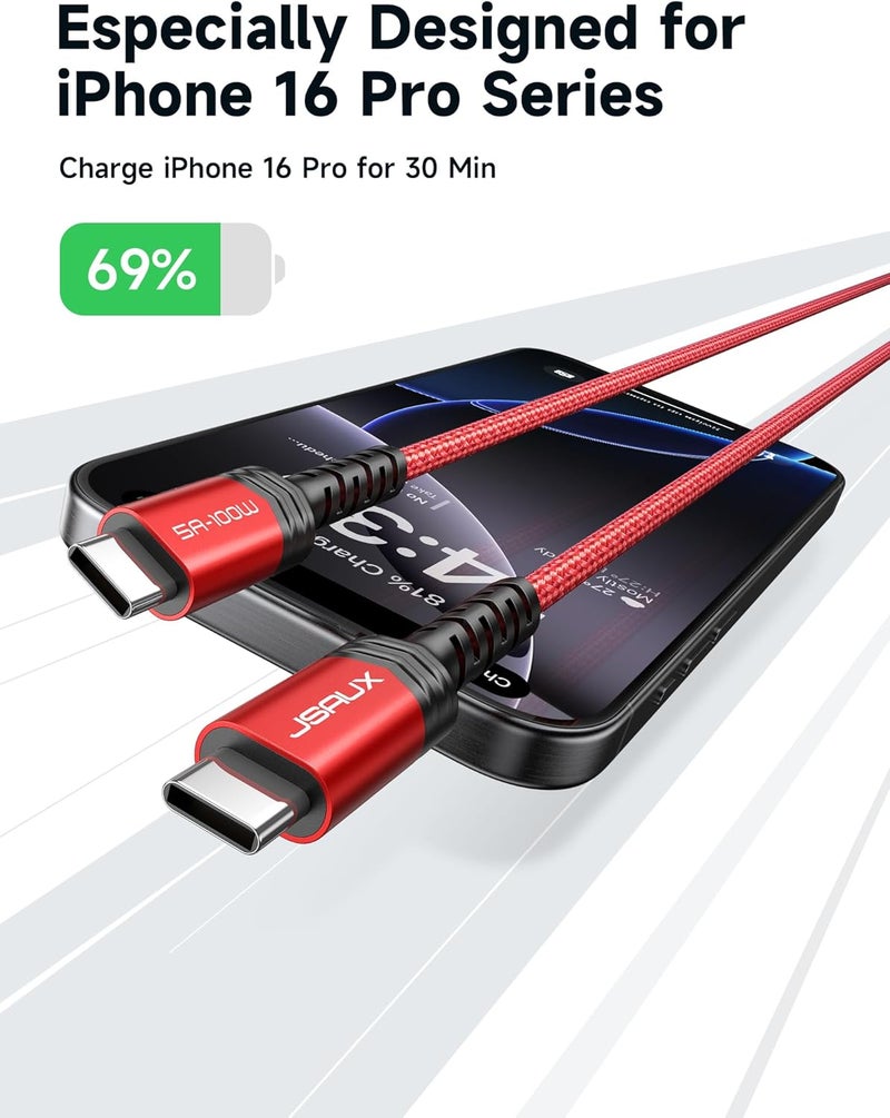 jsaux USB C to USB C Cable 100W, [2-Pack 2M] Type C Cable, USB C PD 5A Fast Charging Cord Compatible with iPhone Air/17/17e/16/15 Pro Max, Samsung Galaxy S24 S23, MacBook Pro/Air, iPad Pro, Pixel-Red - Image 2