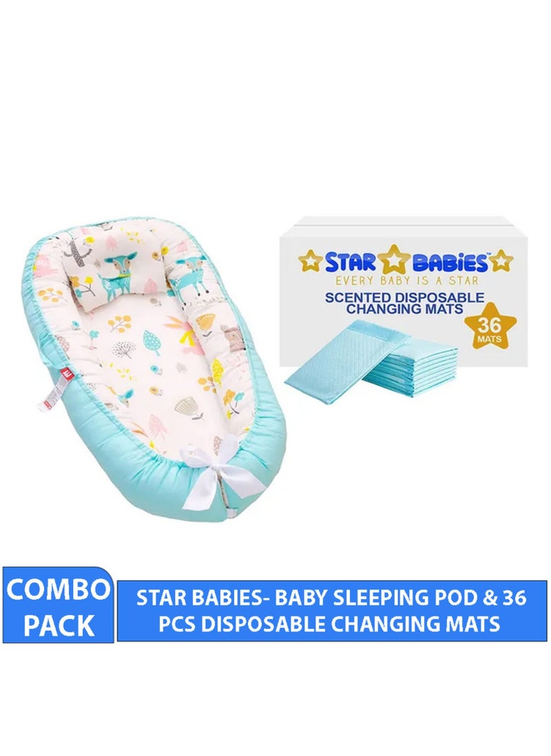 Combo Pack Baby Sleeping Pod With Disposable Changing Mat 36Pcs-Blue
