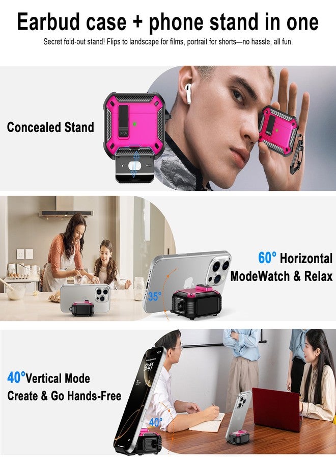 روفونجوانجو جراب حماية متوافق مع سماعات AirPods Pro من الجيل الثالث من RFUNGUANGO، مزود بحامل للهاتف، ووظيفة تثبيت مغناطيسية خلفية، مناسب لسماعات AirPods Pro 3، لون أحمر وردي. - Image 5