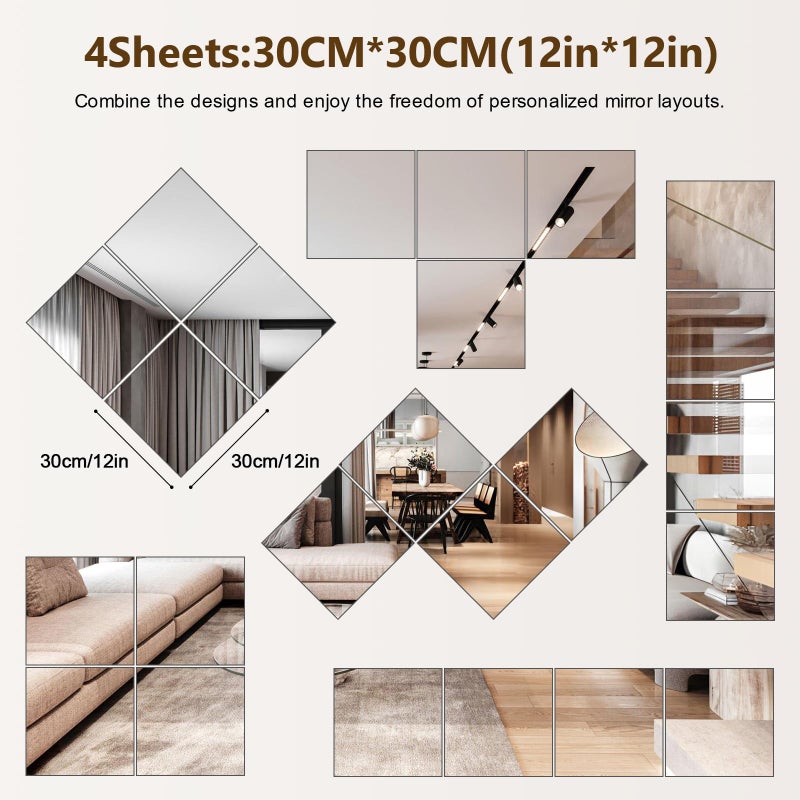 Shiftshade 4 Pack Wall Mirror Full Length, 12 x 12 Inch Acrylic Mirror Tiles, Shatterproof Flexible Plastic Mirror Sheets for Bedroom Home Gym Door - Image 2