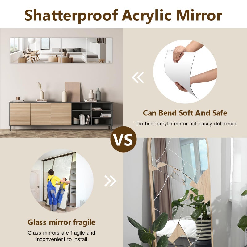 Shiftshade 4 Pack Wall Mirror Full Length, 12 x 12 Inch Acrylic Mirror Tiles, Shatterproof Flexible Plastic Mirror Sheets for Bedroom Home Gym Door - Image 4