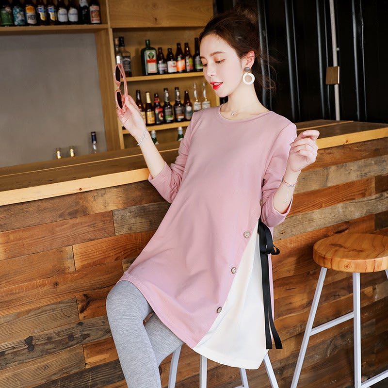 Maternity Autumn Long-Sleeve Loose Tee Dress Blue  - Image 5