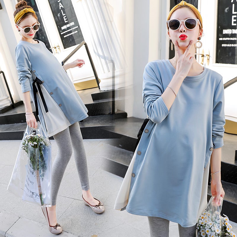 Maternity Autumn Long-Sleeve Loose Tee Dress Blue  - Image 1