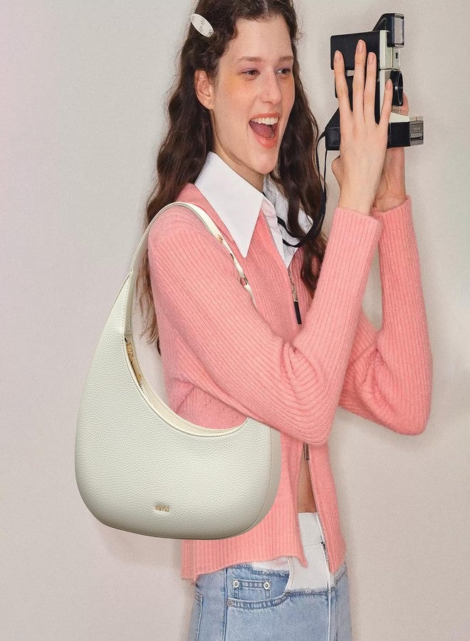 Keyli Shoulder Bag Polene Bags for Women Fashionable Casual Vegan Leather Zip Top-Handle Handbags Quilted Crescent Hobo Purse Beige White - Image 3