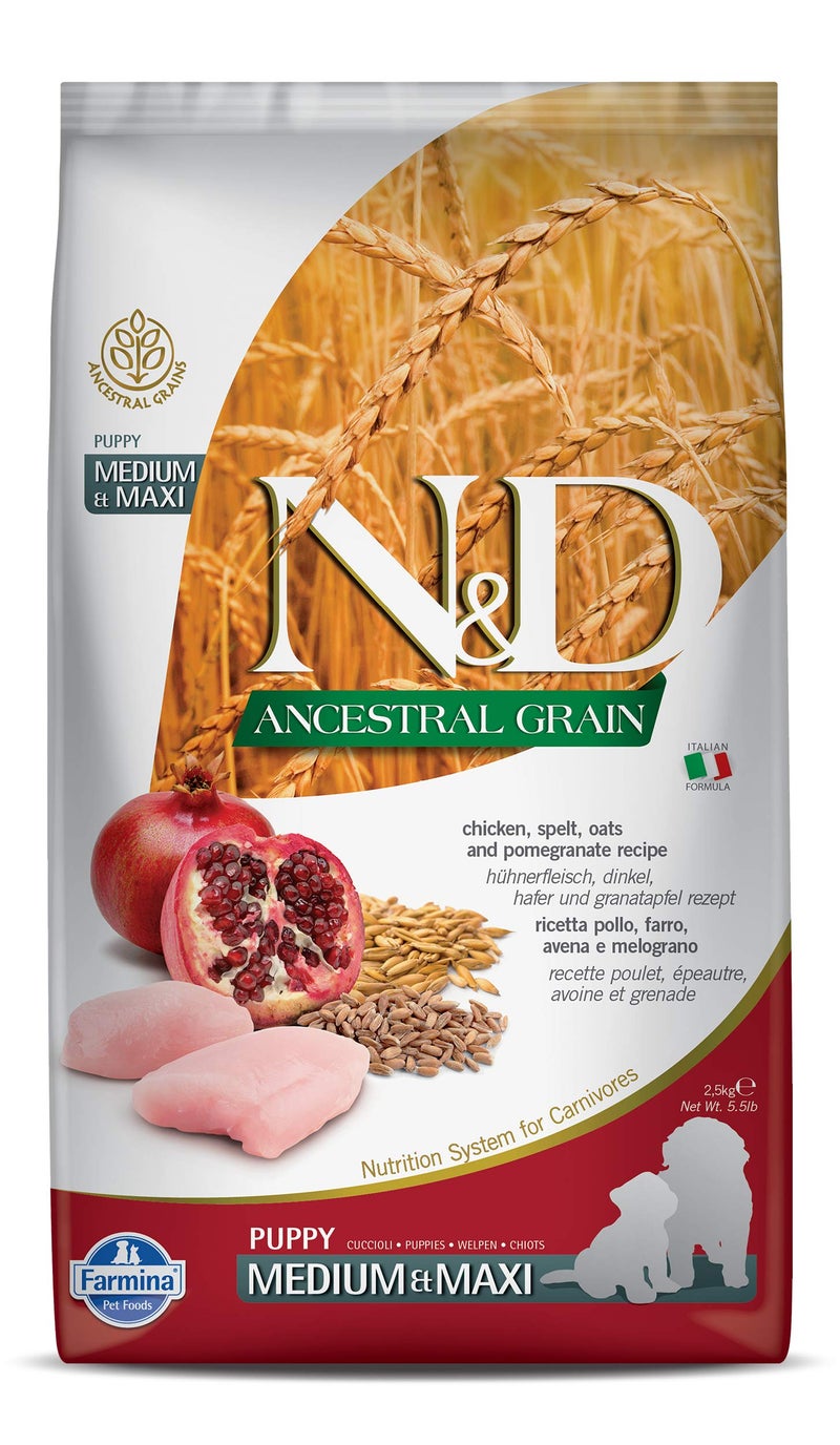 Farmina N&D Ancestral Grain Puppy Medium/Maxi Dog Food | Chicken, Spelt, Oats & Pomegranate |No Artificial Preservatives| Complete Nutrition for Puppies | 2.5kg - Image 1