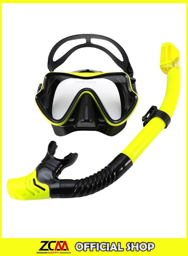 ZCM-HAPPY Anti-Fog Tempered Glass Adults Snorkel Mask for Snorkeling, Swimming and Scuba Diving, Anti Leak Dry Top Snorkel Gear Panoramic Silicone Goggle - Image 1