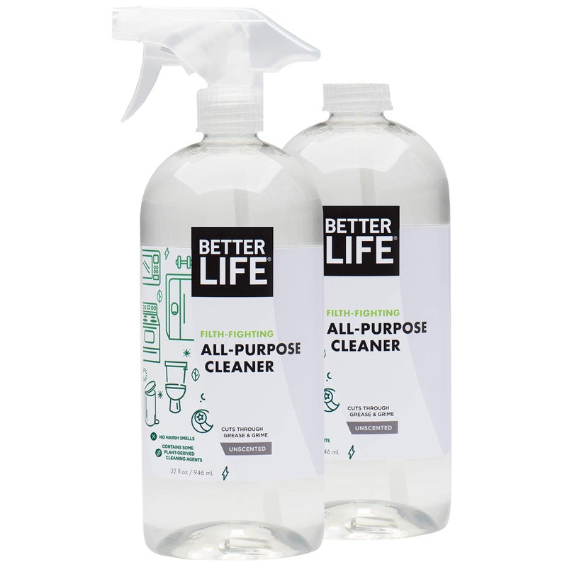 Better Life منظف حياة أفضل - رذاذ تنظيف متعدد الأغراض للمنزل والمطبخ للزجاج، الأسطح، الأجهزة، الأثاث والمزيد - منظف رذاذ متعدد الأسطح - 32 أونصة (عبوة من 2) بدون رائحة - Image 1