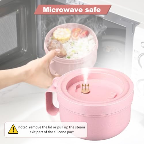 Rarapop 3 Pack Microwave Soup Bowl Containers with Lids, 28.7oz Wheat Straw Ramen Noodles Cup Mug for Instant Noodles,Oatmeal, Gumbo, Salad,Crunch,Cereal & More, Easy-Grip Design(Beige, Pink, Green) - Image 3