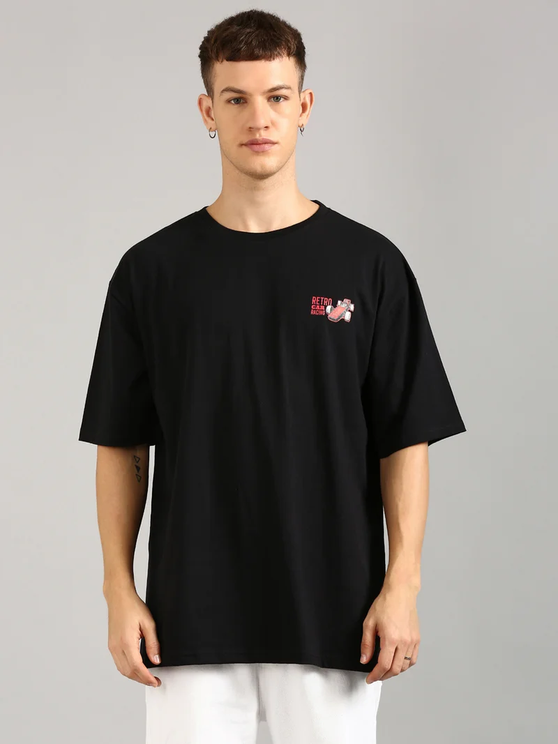 Joven Men Black Printed Pure Cotton Oversized T-Shirt