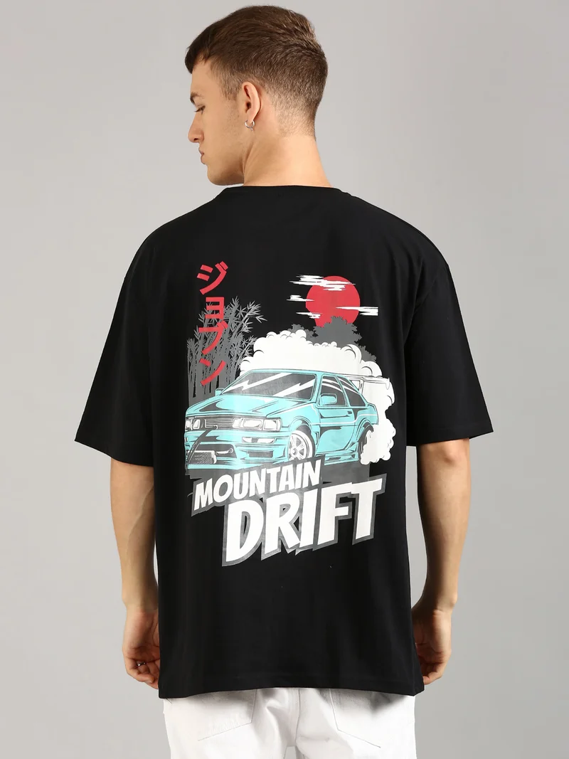 Joven Men Black Printed Pure Cotton Oversized T-Shirt