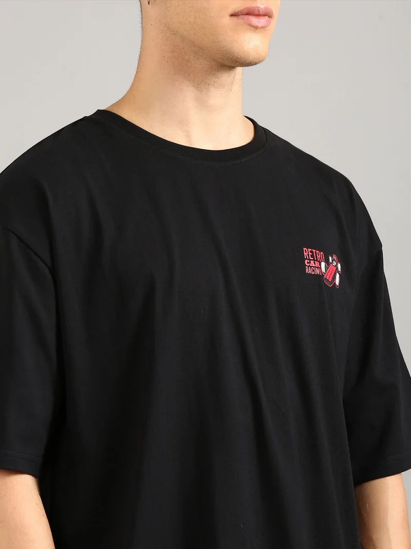 Joven Men Black Printed Pure Cotton Oversized T-Shirt