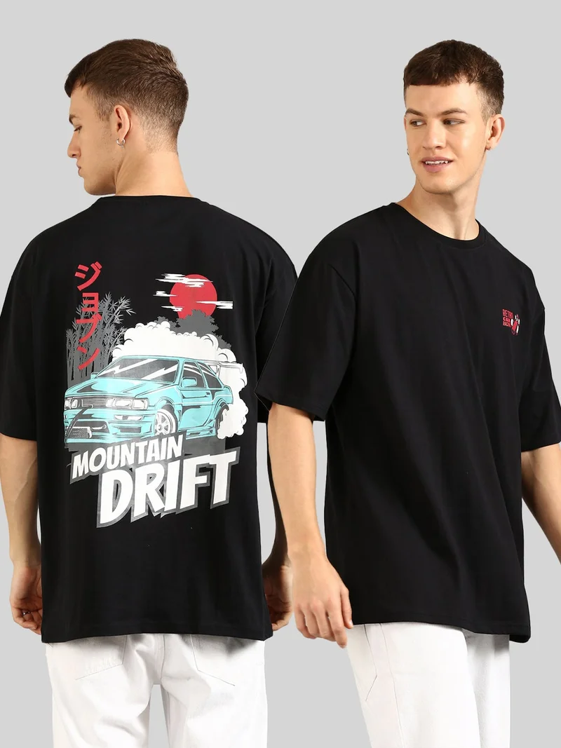 Joven Men Black Printed Pure Cotton Oversized T-Shirt