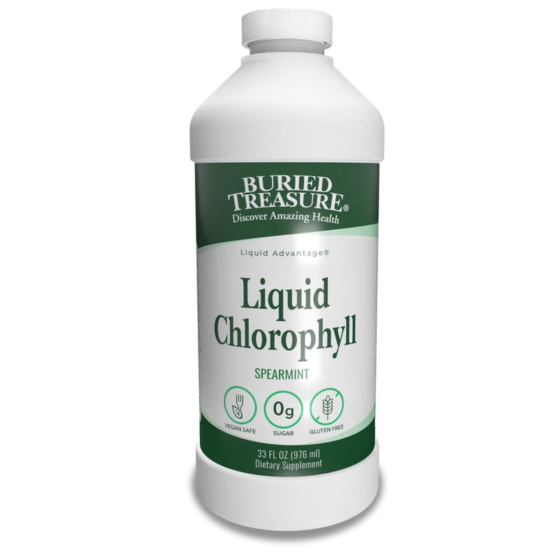 Buried Treasure Liquid Chlorophyll 100 mg Dietary Supplement Intestinal Digestive Support Natural Body Deodorant Vegan NonGMO Alcohol Free Spearmint Flavor 32oz