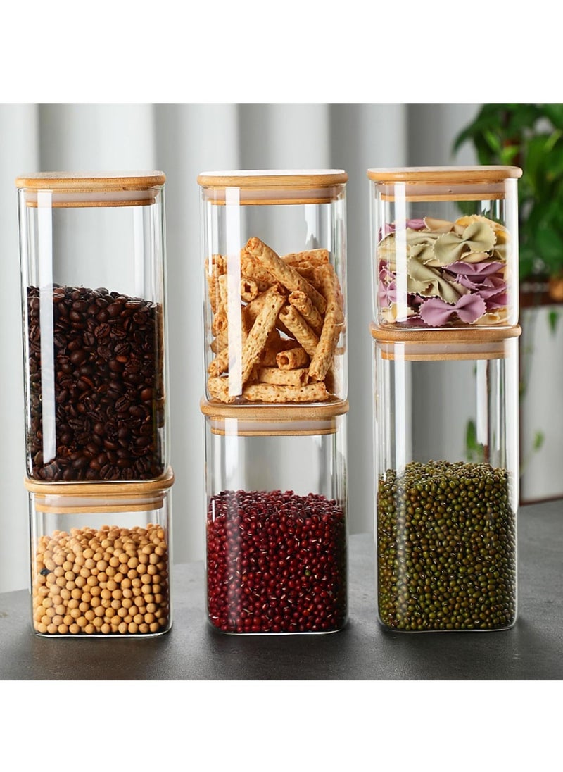 TYCOM Tycom Glass Jars Set 750ML, 1150ML & 1500ML, Food Storage Containers for Kitchen, Spice jars With Labels, Marker and spoons, Square 10cm Mixed Size 6 Pieces With Wood Lid.  - Image 1