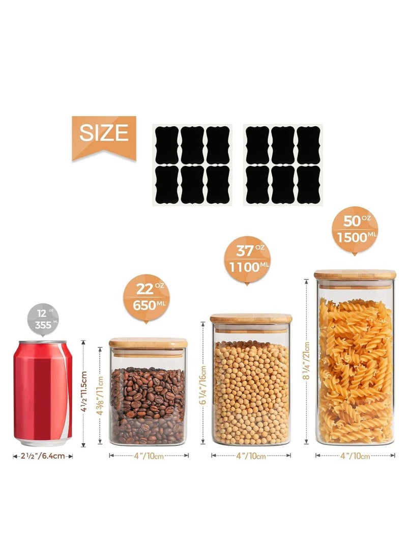 TYCOM Tycom Glass Jars Set 750ML, 1150ML & 1500ML, Food Storage Containers for Kitchen, Spice jars With Labels, Marker and spoons, Square 10cm Mixed Size 6 Pieces With Wood Lid.  - Image 2