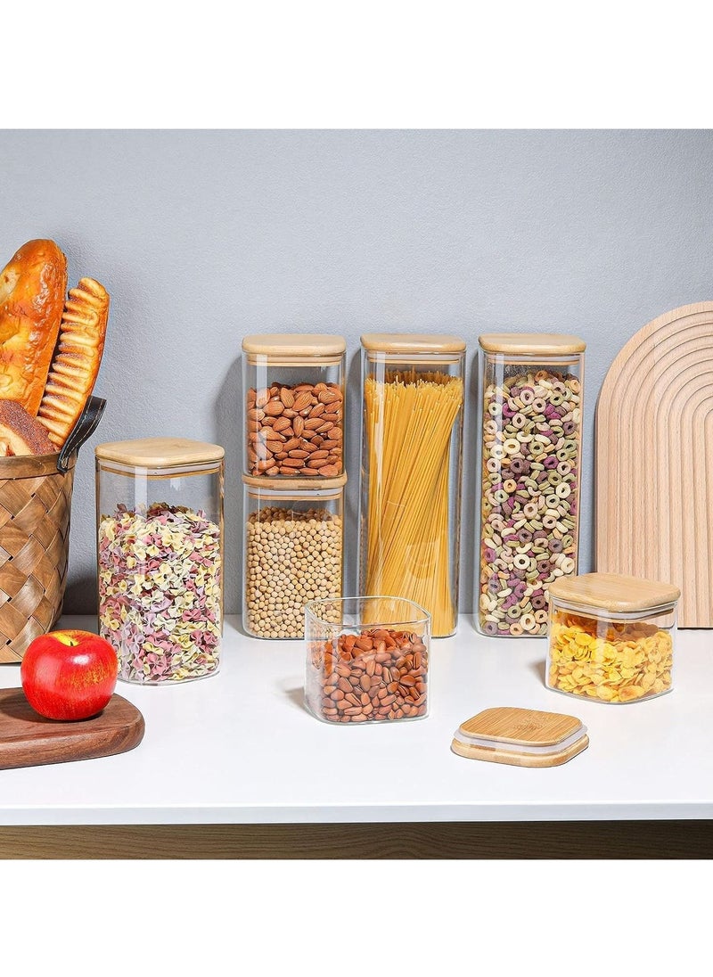 TYCOM - Tycom Glass Jars Set 750ML, 1150ML & 1500ML, Food Storage Containers for Kitchen, Spice jars With Labels, Marker and spoons, Square 10cm Mixed Size 6 Pieces With Wood Lid. - Image 1