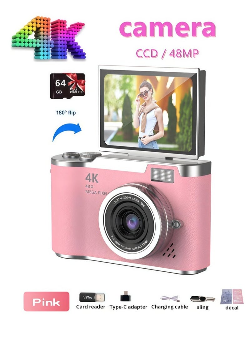 Generic 4k CCD Digital Zoom Student Digital Camera 48MP Portable Digital Photography Camera 180° Flip Screen Selfie Camera，free 64GB SD card - Image 1