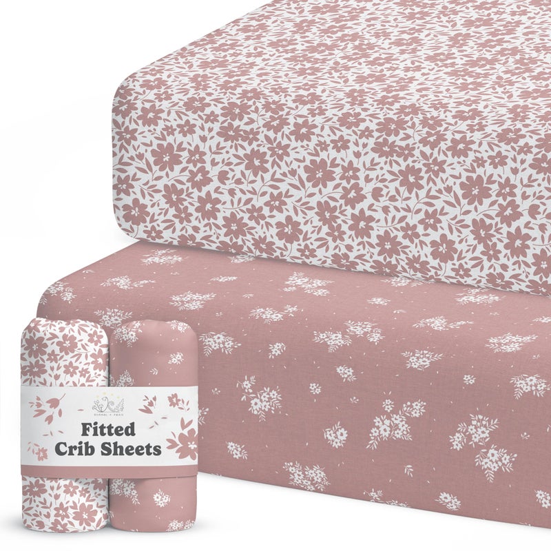 Sorrel + Fern Crib Sheets Neutral - Fitted Baby Crib Sheets Bed for Girl Boy - 2 Pack Standard & Toddler Mattress (Antique Rose) - Buttery Soft Organic Cotton Blend - Image 1
