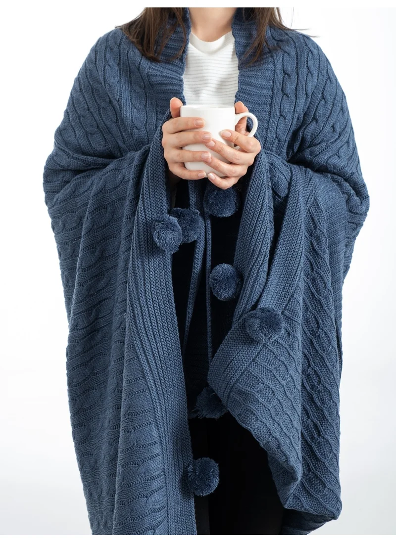 Sevim Pompom Knitted Tv Blanket – Sofa & Shoulder Shawl & Knee Blanket – 130 x 170 cm - Indigo