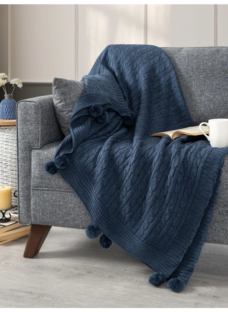 Sevim Pompom Knitted Tv Blanket – Sofa & Shoulder Shawl & Knee Blanket – 130 x 170 cm - Indigo