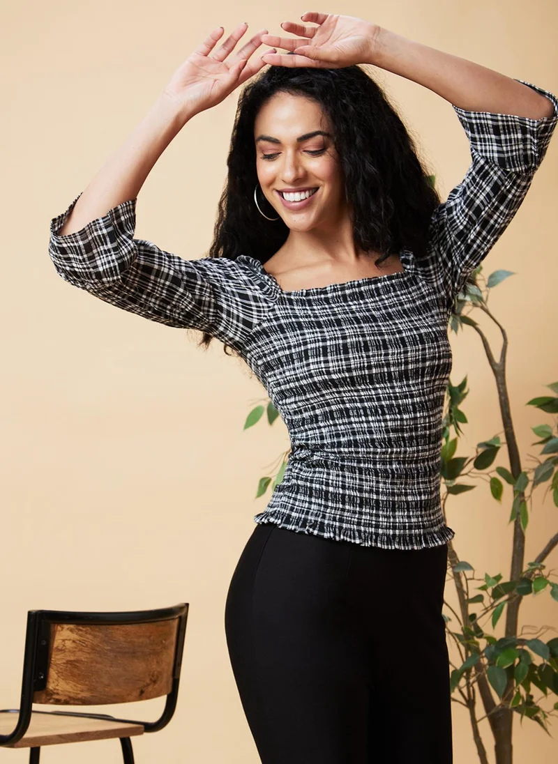 globus Globus Women Black Checked Smocked Cotton Fitted Top