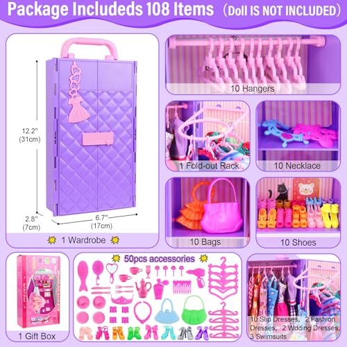 Ecore Fun 108 Pcs Doll Clothes and Accessories with Purple Doll Closet for 115 Inch Dolls Including Party Dresses Fashion Dress Outfits Swimsuits Shoes Hangers Bags Necklaces - Image 5