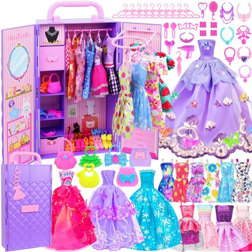 Ecore Fun 108 Pcs Doll Clothes and Accessories with Purple Doll Closet for 115 Inch Dolls Including Party Dresses Fashion Dress Outfits Swimsuits Shoes Hangers Bags Necklaces - Image 1
