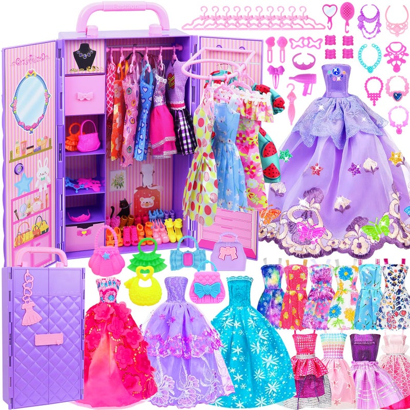 Ecore Fun 108 Pcs Doll Clothes and Accessories with Purple Doll Closet for 115 Inch Dolls Including Party Dresses Fashion Dress Outfits Swimsuits Shoes Hangers Bags Necklaces - Image 3