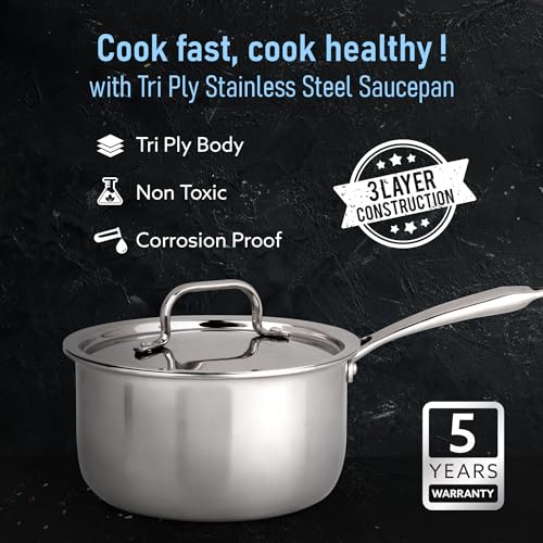 AGARO Regency Triply Steel Saucepan with Lid 18 cm, Triple Layered Stainless Steel Body, 2.25 Liter Capacity, 2.5mm Thick Body, Sturdy Handle, Induction & Gas Compatible, Tea, Chai Pan - Image 2